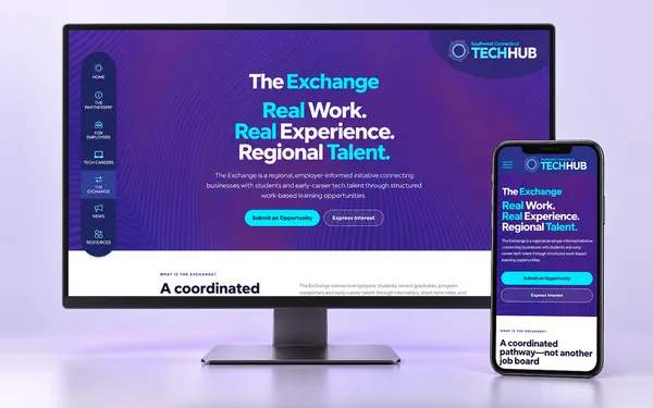 The Exchange page shown on a desktop monitor and a phone: the headline &ldquo;Real Work. Real Experience. Regional Talent.&rdquo; in white and cyan over a deep indigo background.